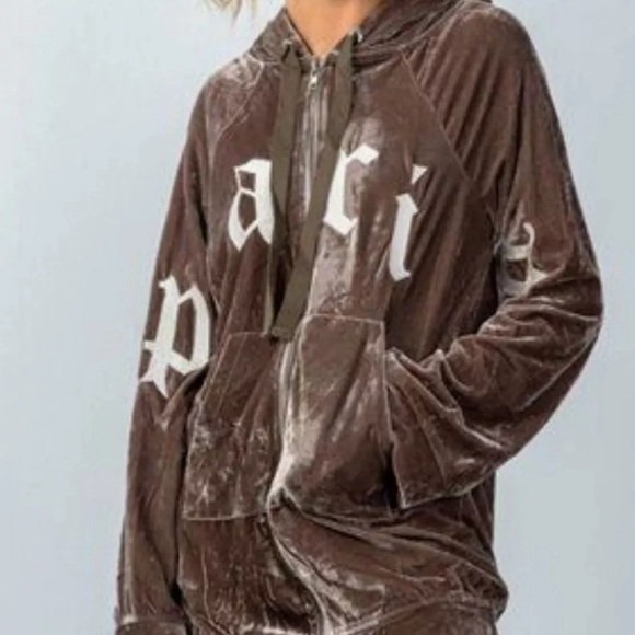 ESSUE Velour Paris Jacket Mocha Zip Up Oversized Hoodie Pockets SMALL - Picture 3 of 17